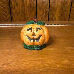 Orange Vintage Ceramic Pumpkin Jack-O-Lantern Tea Light Holder Kitsch Folk Art